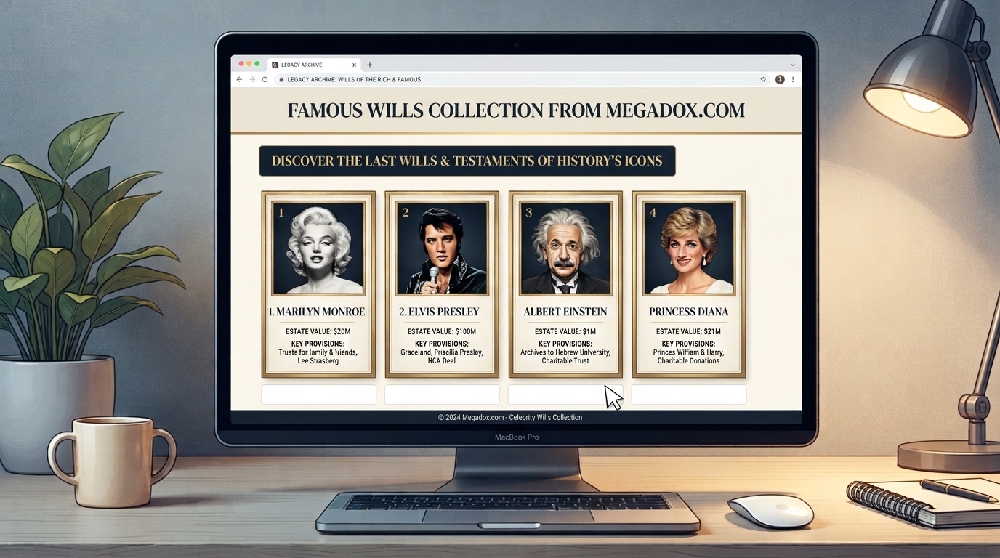desktop computer on a desk showing webpage of celebrity wills